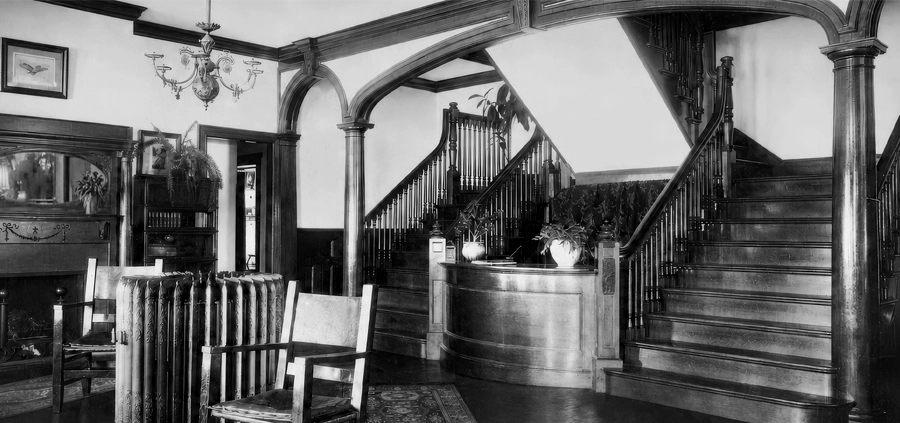 Historic entrance hall and reception staircase at Idylease in Newfoundland, New Jersey