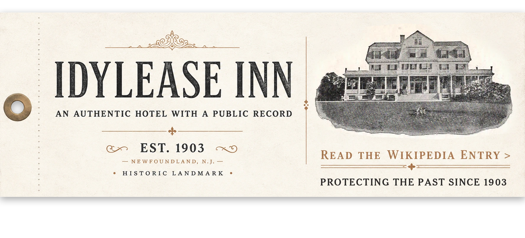 Idylease Inn historic landmark graphic with a 1903 illustration of the building and link to the Idylease Wikipedia entry