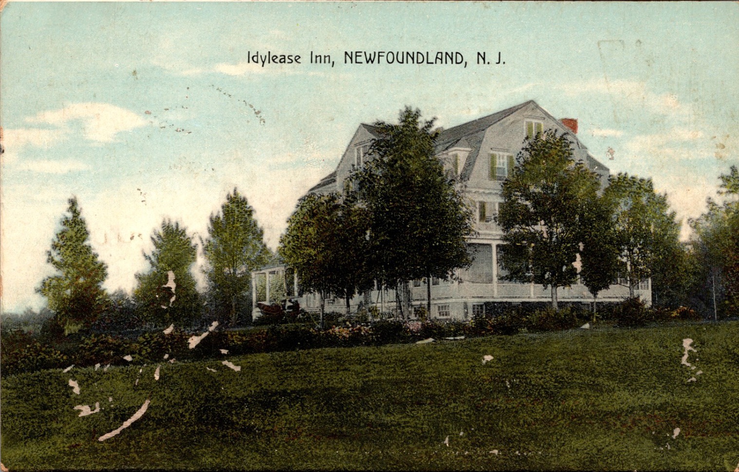 Hand-colored postcard view of Idylease Inn in Newfoundland, New Jersey