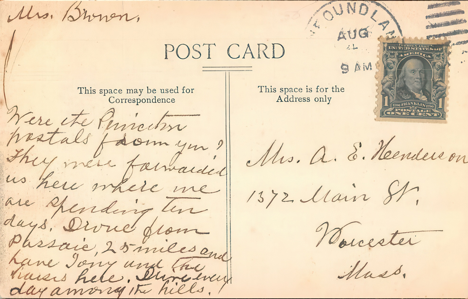 Reverse of an Idylease postcard with handwritten correspondence