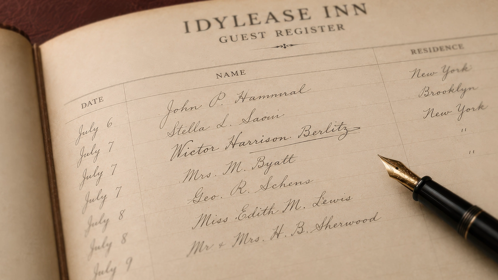Victor Harrison Berlitz signature in the Idylease Inn guest register