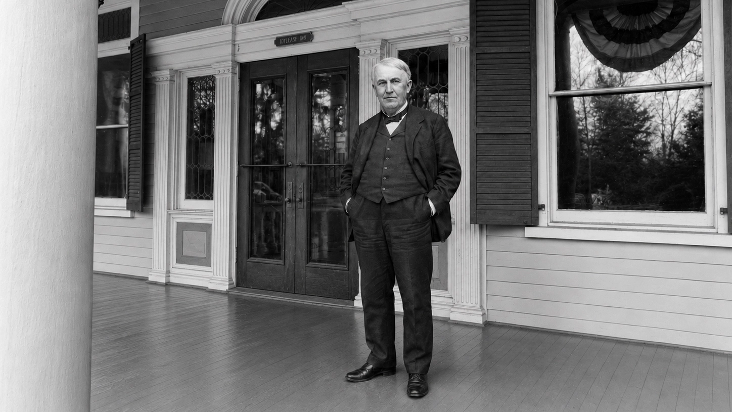 Thomas Edison standing on the front porch of Idylease in Newfoundland, New Jersey