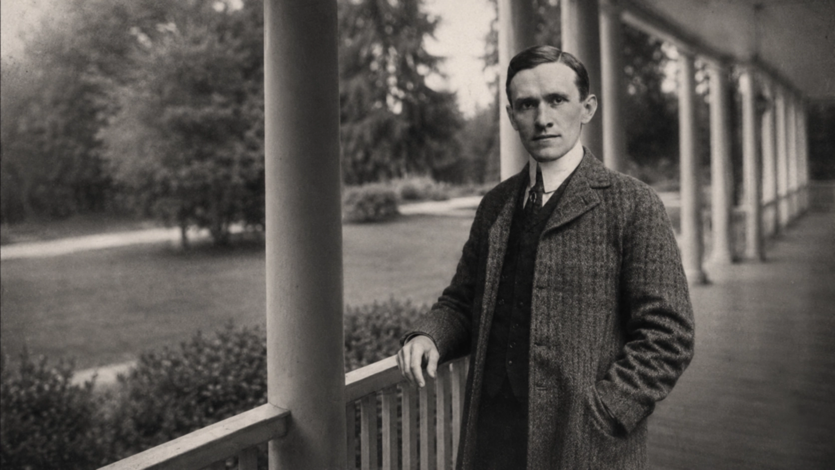 William B. Hanna represented on the porch at Idylease