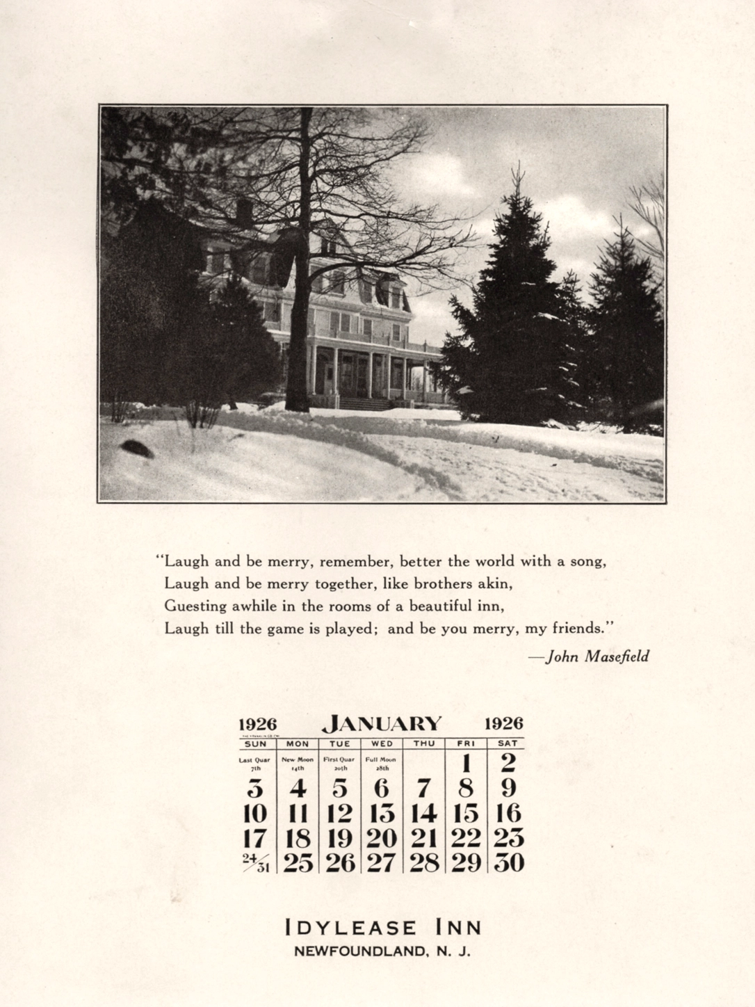 January 1926 Idylease Inn calendar