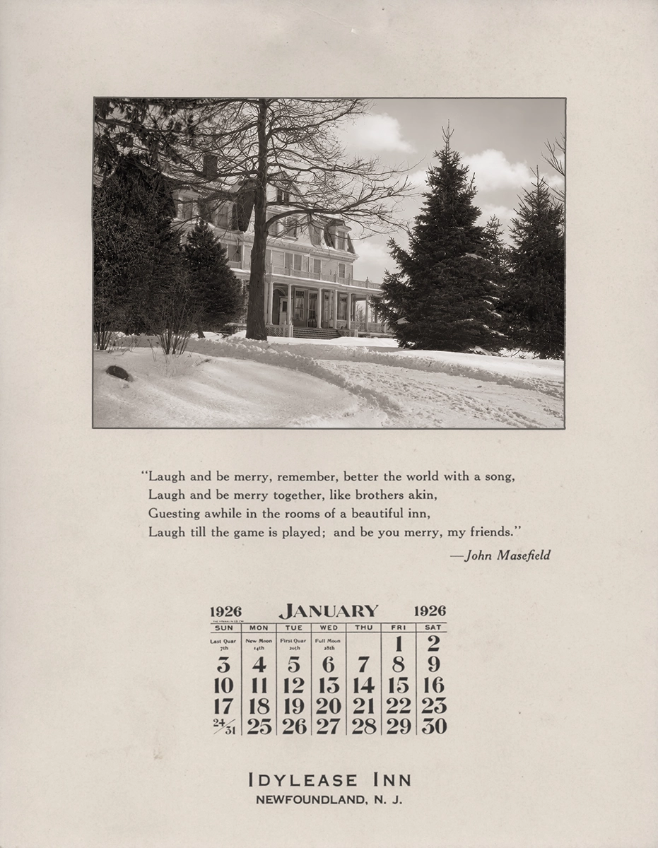 1926 Idylease Inn calendar featuring a winter photograph of Idylease