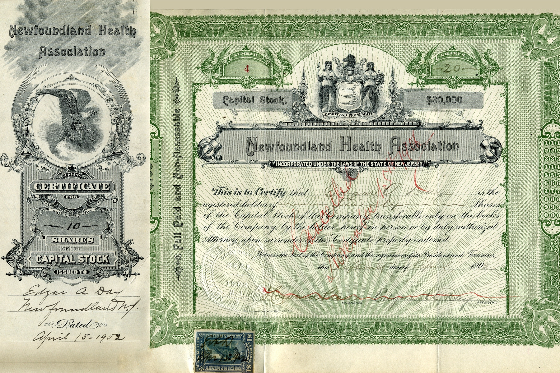 Original stock certificate for the Newfoundland Health Association and Dr. Edgar A. Day